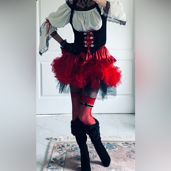 Costume mini skirt Ruffles ribbons tulle & bows Red & Black elastic waist sz S-L - Picture 3 of 10